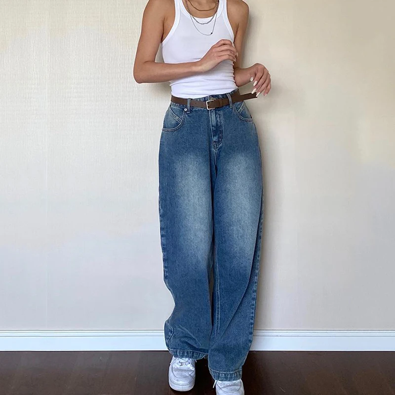 Rimocy 2024 Spring Straight Jeans for Women Dark Blue Loose High Waist Trousers Woman Vintage Wide Leg Denim Pants with Belt