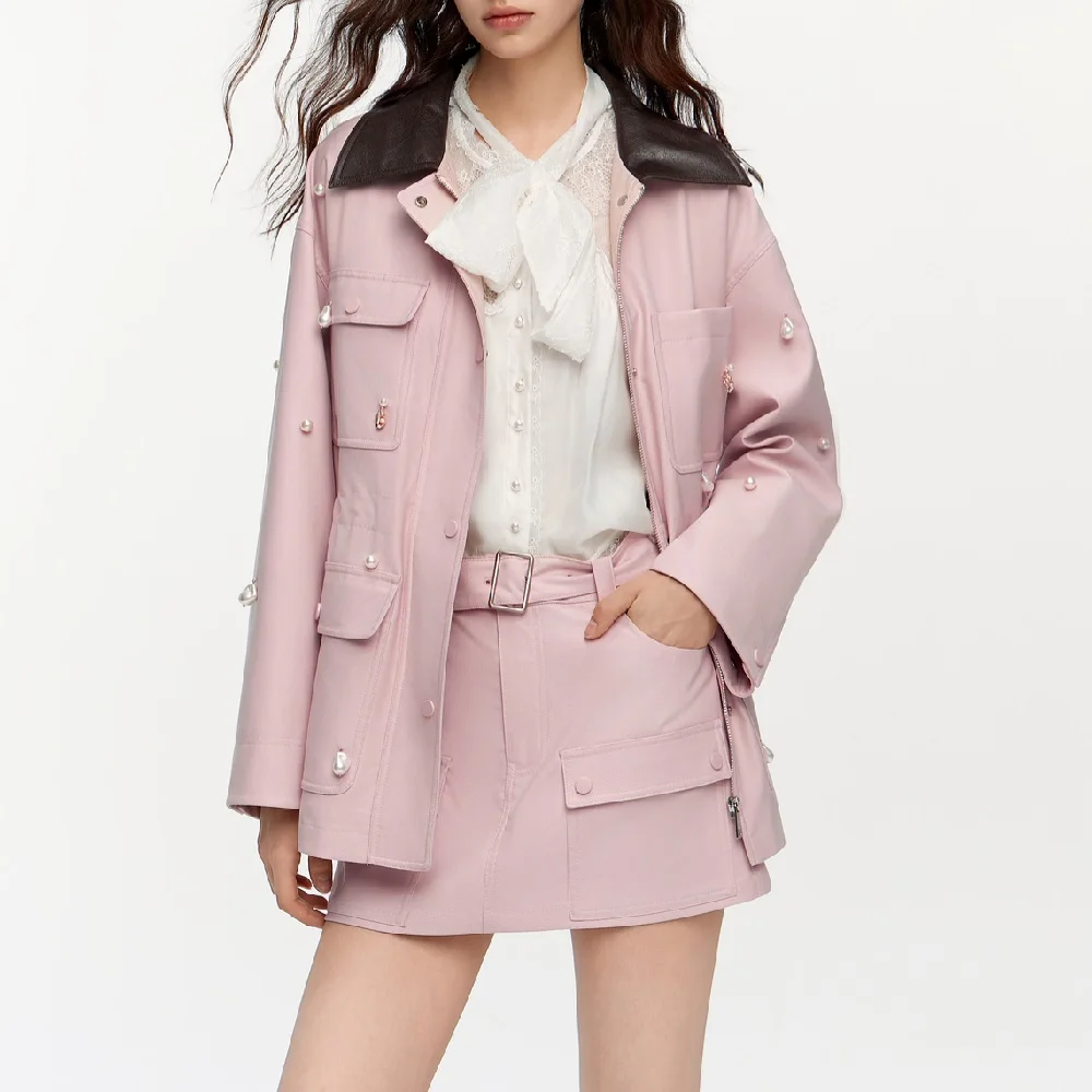 

2025 Fall Women's Jacket PU Coated Beaded Loose Casual Ladies Coat y2k New Fashion High Quality Versatile Outerwear bra