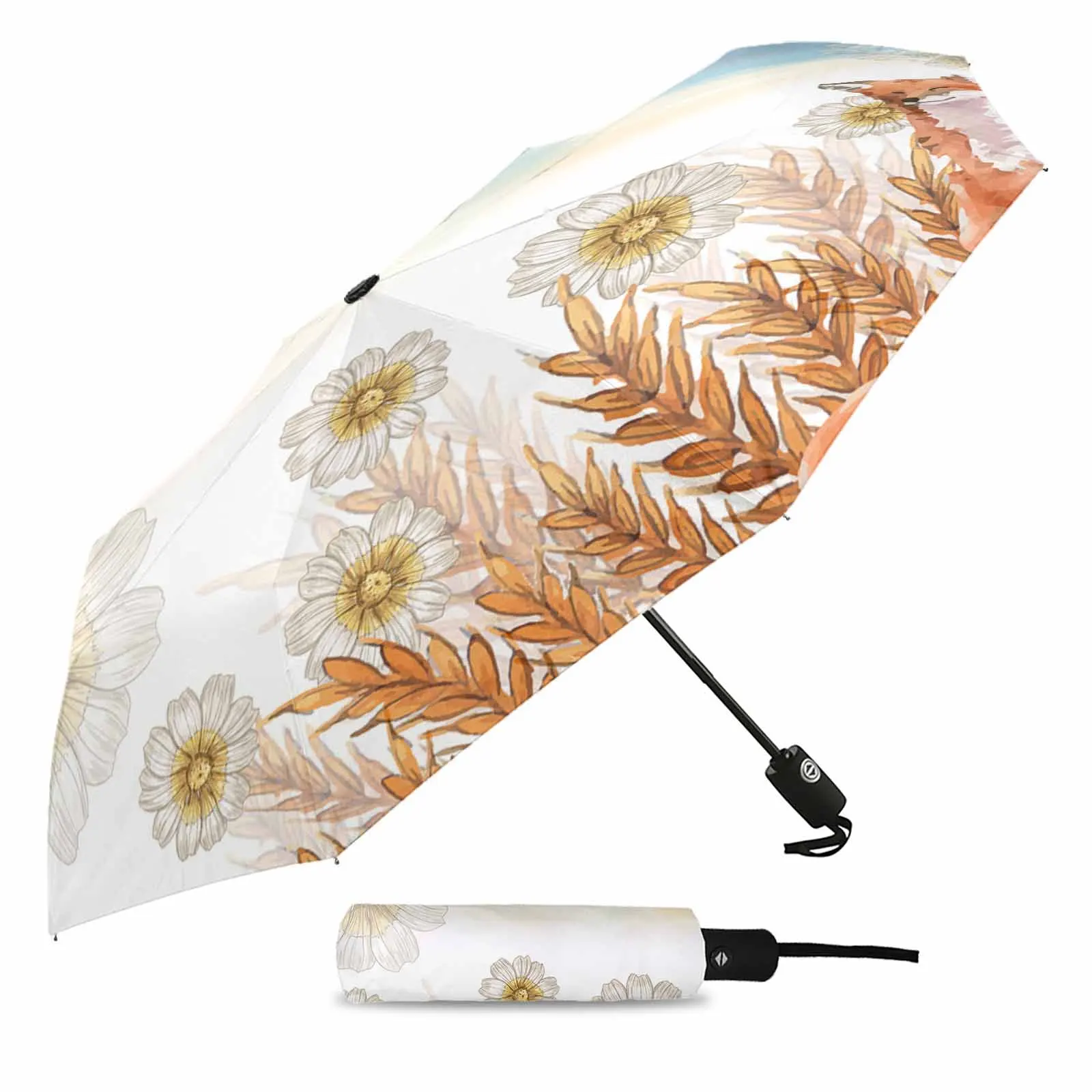 Autumn Plant Wheat Ears Daisy Fox Watercolor Outdoor Fully-automatic Folding Eight Strands Umbrellas for Kids Printed Umbrella