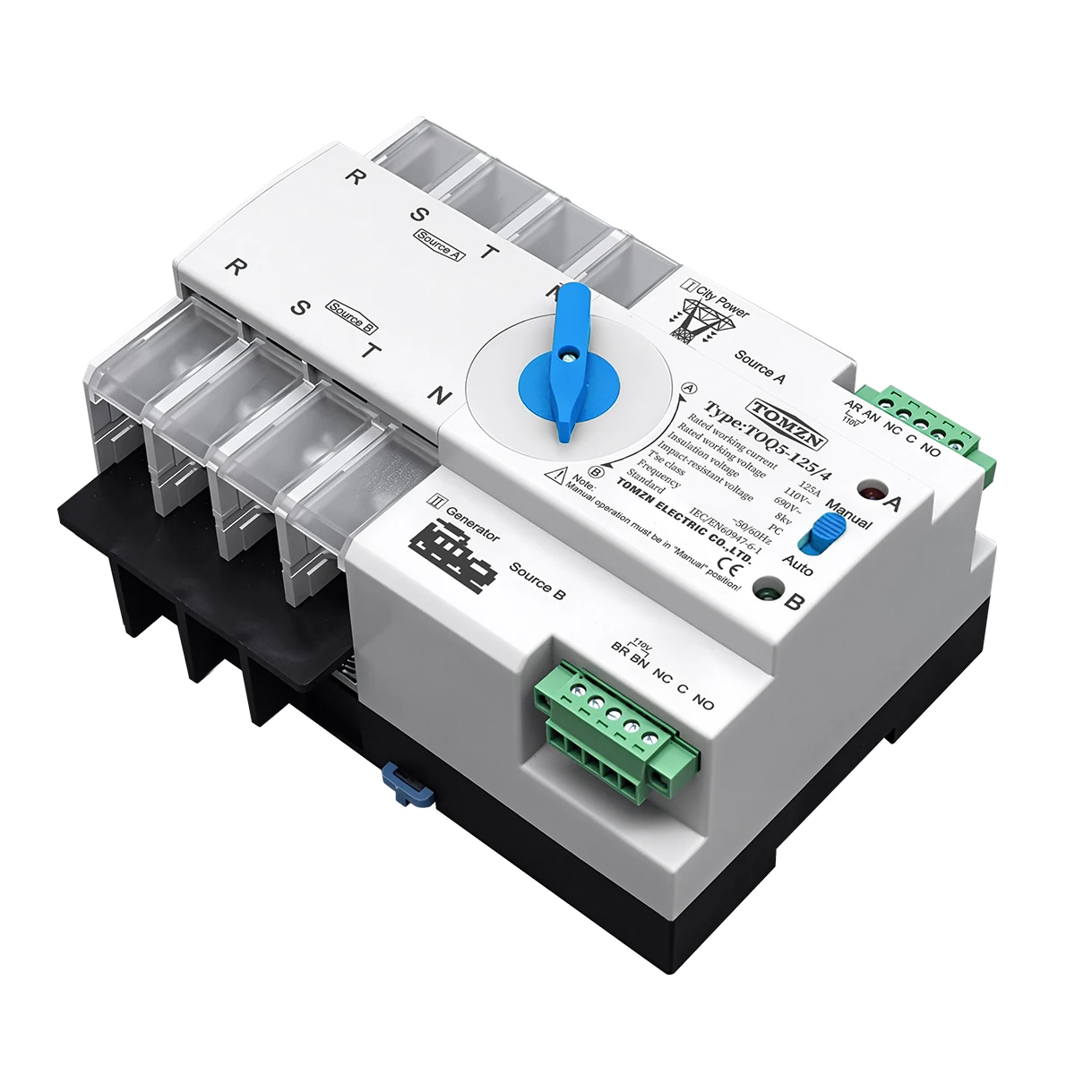 TOMZN AC 110V 120V ATS 2P 3P 4P Dual Power Automatic Transfer Switch 63A 100A 125A Uninterrupted Power Selector Switch Din Rail