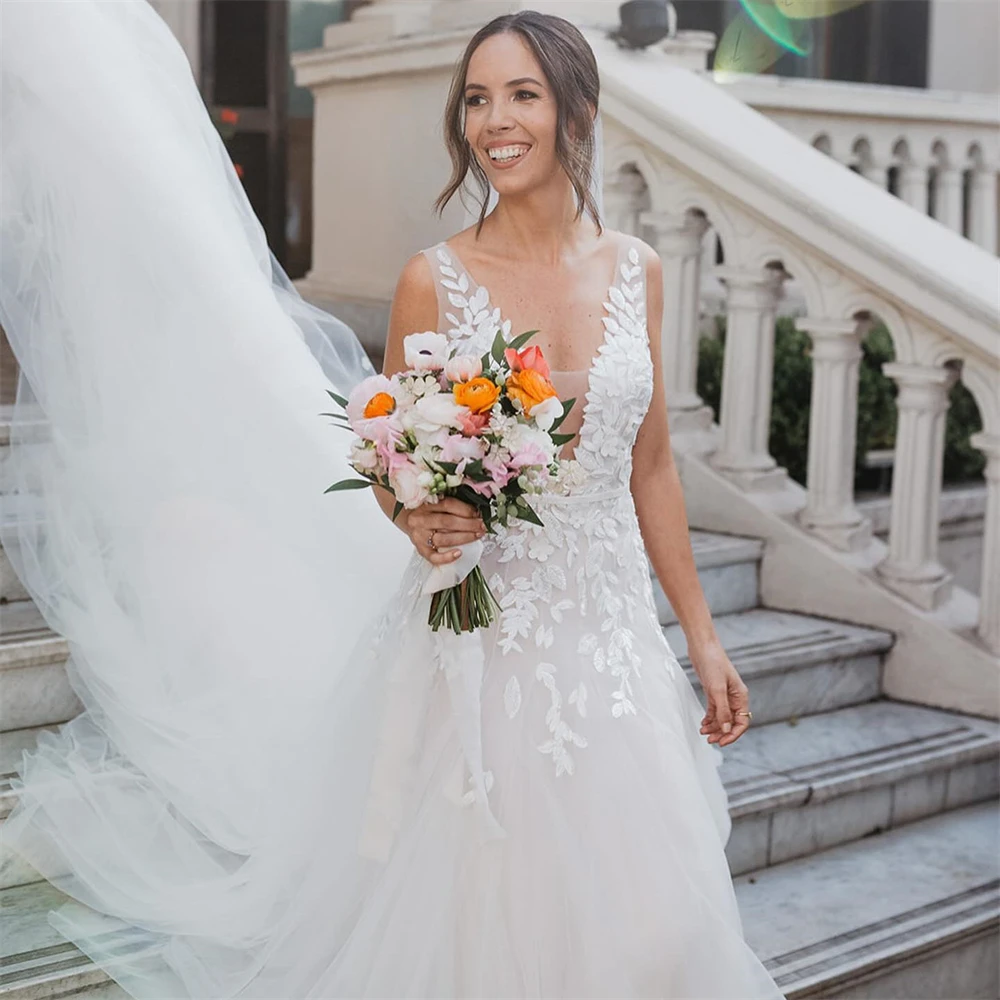 Vestido de casamento com decote em V profundo, apliques de renda 3D, cintas de espaguete, linha A, lindo vestido de noiva, robe sexy