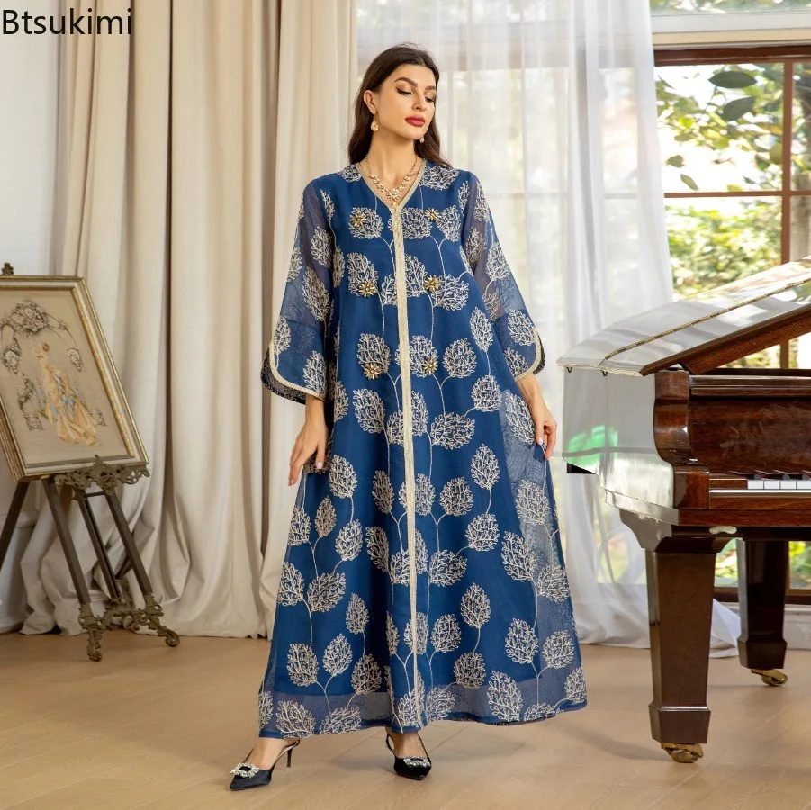 Eid Morocco Dress Women Muslim Fashion Abaya Jalabiya Mesh Embroidery Dubai Kaftan Islam Party Robe Ramadan Vestidos Spring New