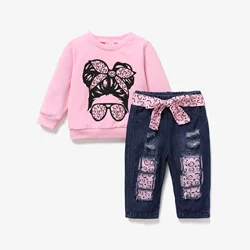 PatPat 2pcs Baby Girl Figure Print Long-sleeve Sweatshirt and 100% Cotton Belted Ripped Jeans Set Soft and Comfortable