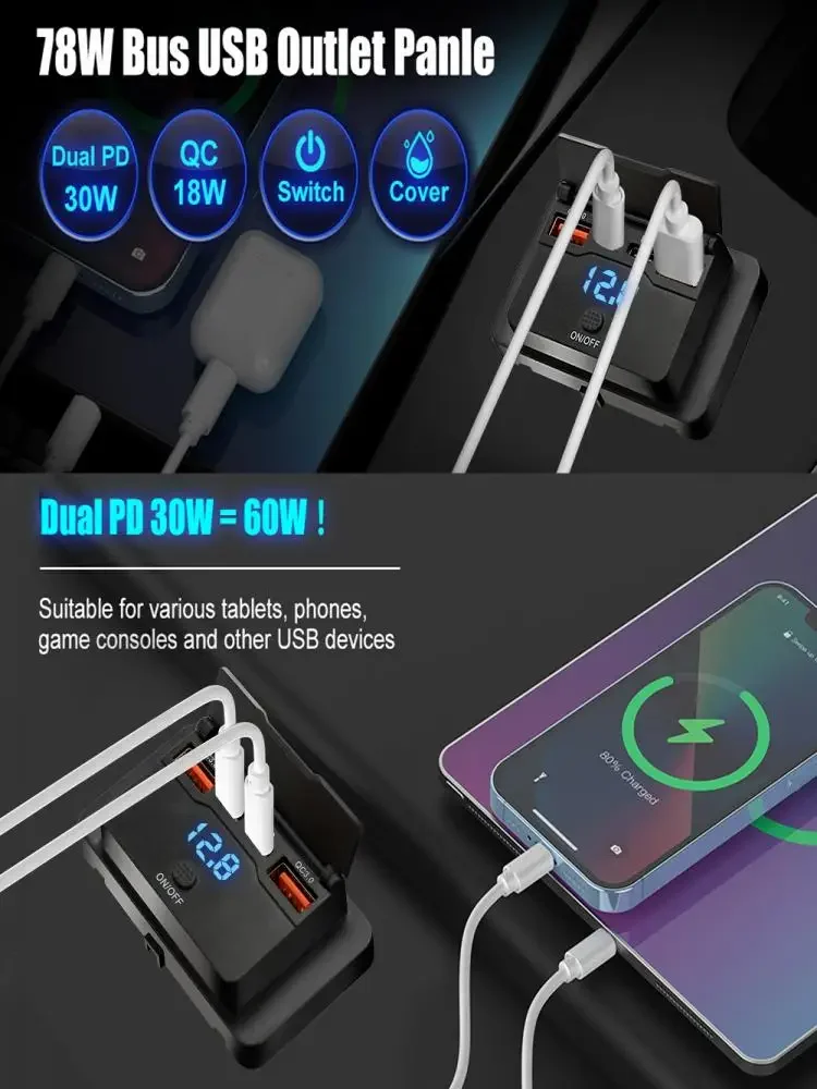 Dual PD Dual QC 3.0 USB-Autoladegerät 12 V RV USB-Steckdosenpanel 108 W Schnellladebuchse mit Schalter und Voltmeter für Bootsmotorräder