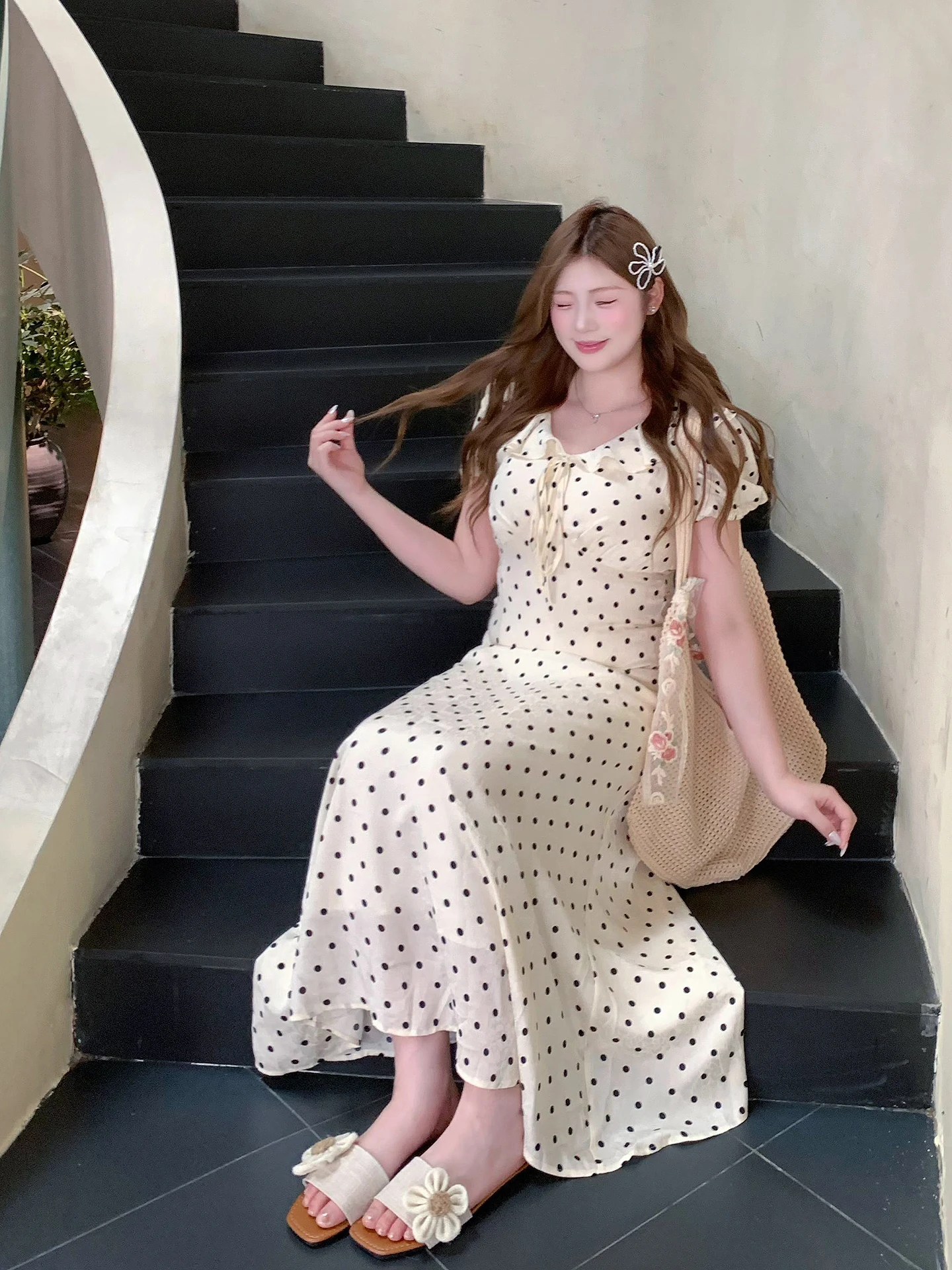 

Slimming Floral Print Maxi Dress with Wood Grain for Plump Women Summer Vacation Casual Wear High Waist A-Line Skirt