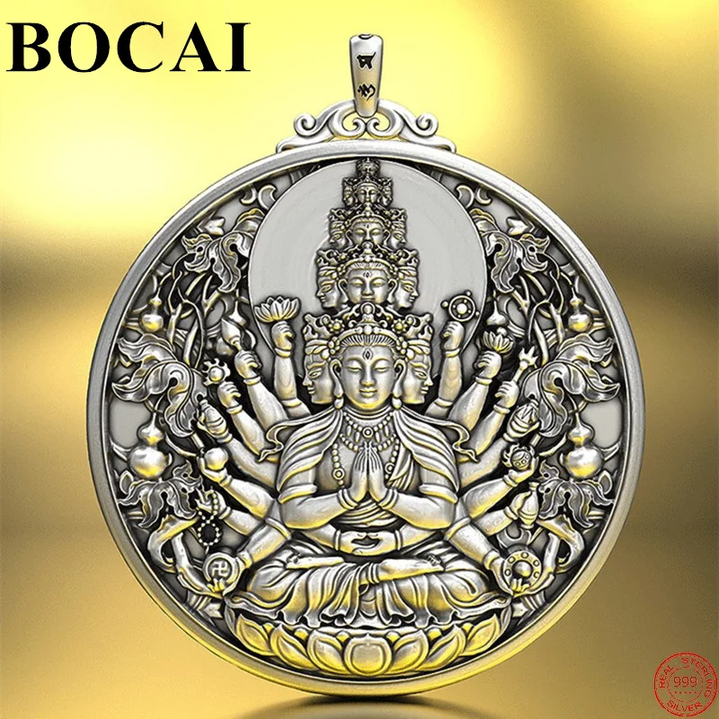 

BOCAI S999 Sterling Silver Pendants New Fashion Carving Thousand Hand Avalokitesvara Amulet Jewelry for Men Women Free Shipping