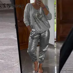 Lady Commuter Office Suit New Fashion Sequins Eyes Two Piece Outfit 2024 Women V-Neck Long Sleeved Blouse Tops&Sparkle Pants Set