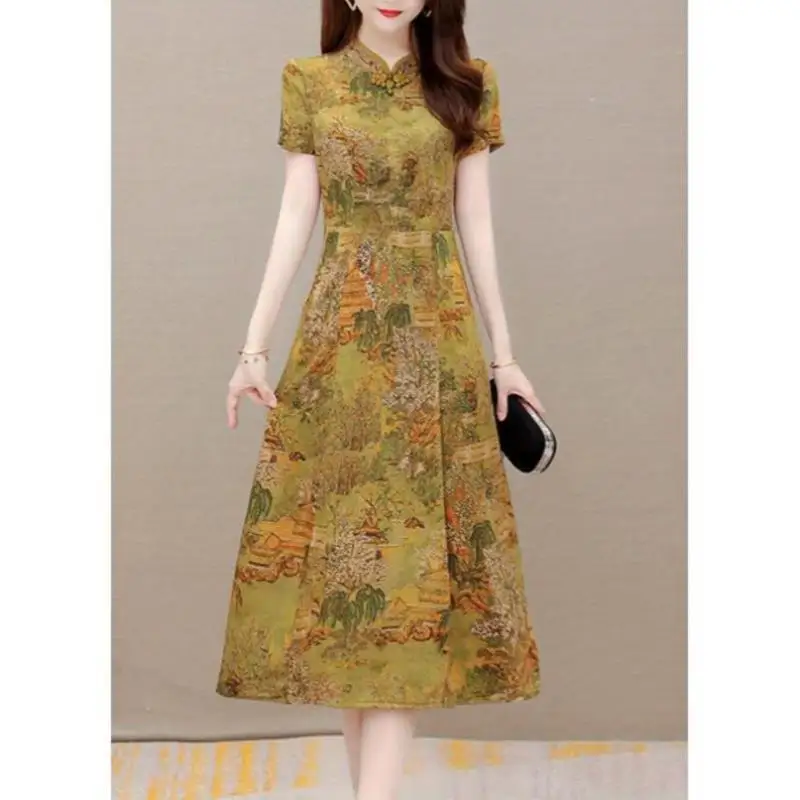 

Modern Floral Women's Qipao Dr Large Size Cross-Border Sle Autumn Seven-Quarter Sve T-irt ort Pants Set