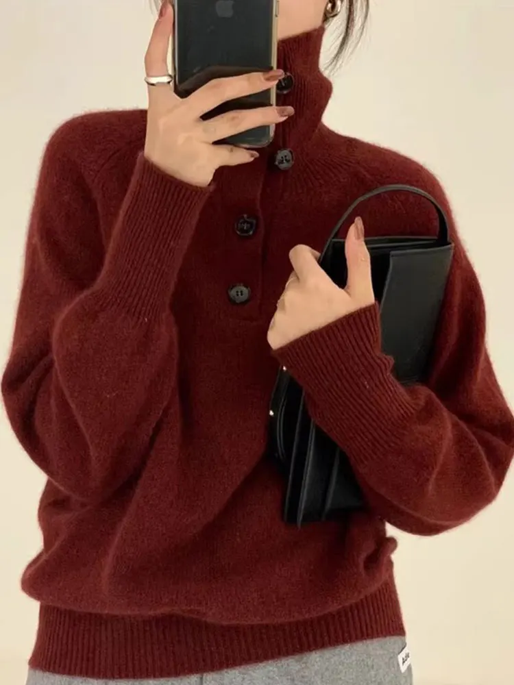 

Faionable Red Knitted High Collar Loose Long Sve Overhead Slimming Base Layer irt Korean Sle Commute Wind Loose Fit