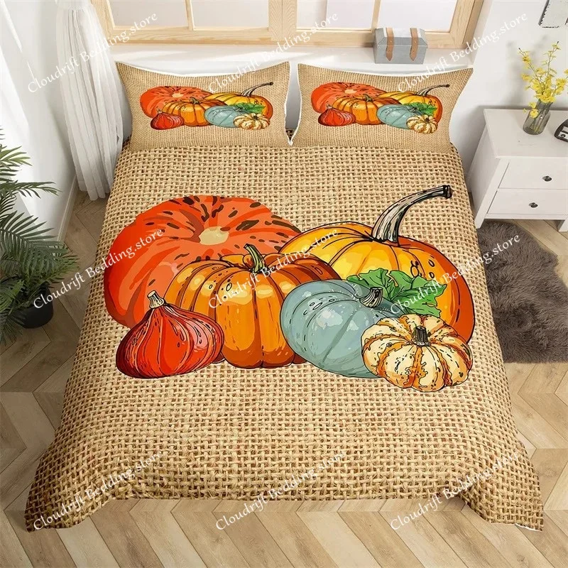

Комплект постельного белья с пододеяльником на День Благодарения: осенний узор с кленовыми листьями, гномами, золотыми тыквами и фермерской тематикой, из микрофибры, размер King Size