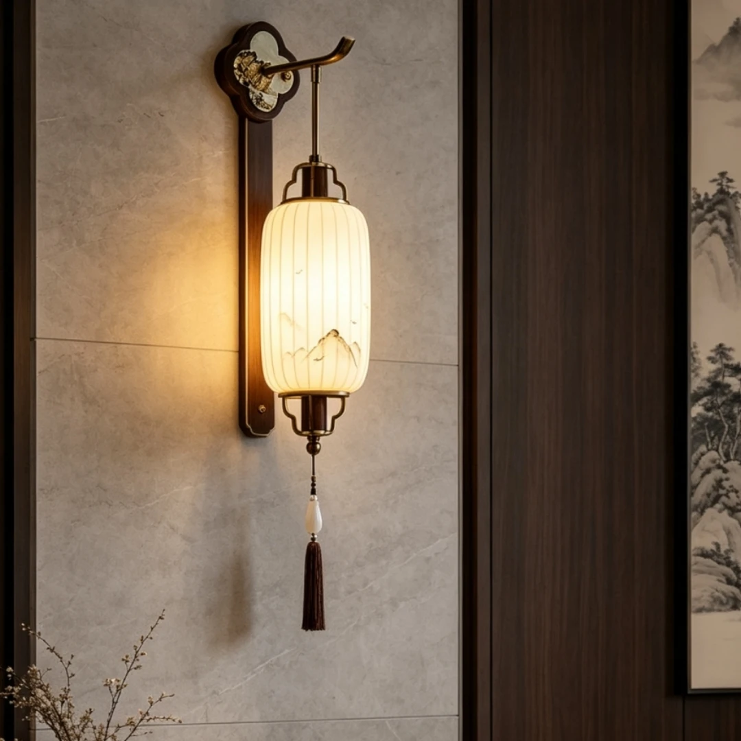 New Chinese Wall Sconce Mountain Landscape Print Lantern Shade Tassel Decoration Brass & Wood Wall Lamp For Bedroom Hallway Deco
