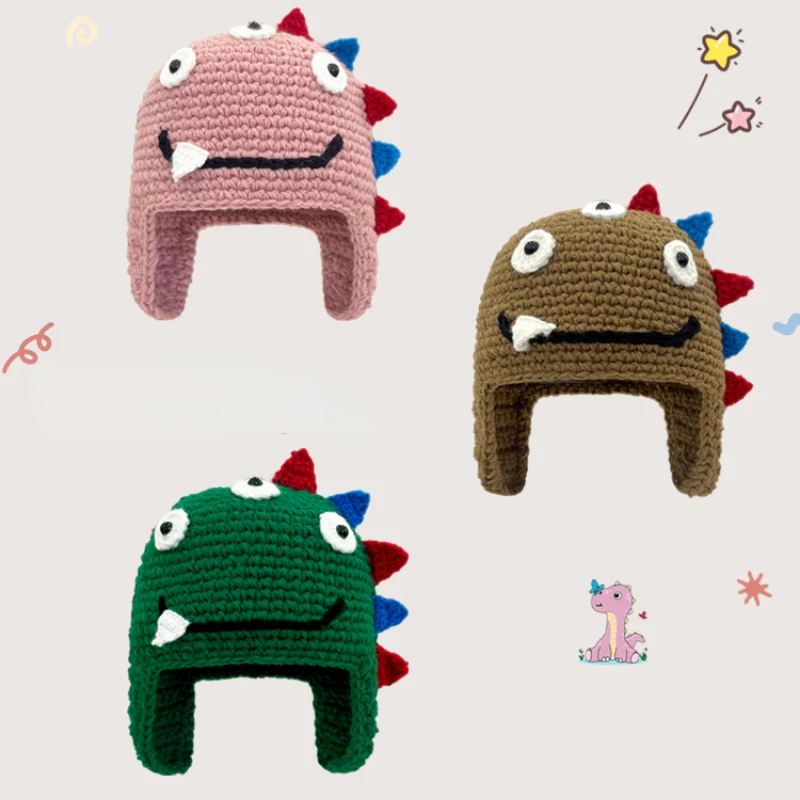 

Japanese Cute Cartoon Dinosaur Hand-crocheted Pullover Hat Women Autumn and Winter Warm Fun Knitted Ear Protection Beanie Cap