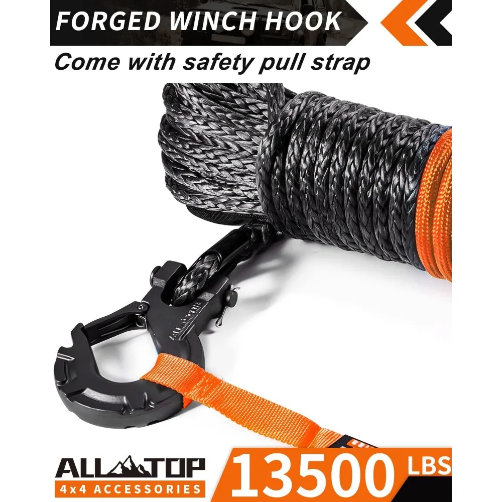 حبل ونش صناعي مع خطاف وعازل، 1/4 بوصة × 50 قدم، مجموعة استبدال UHMWPE بسعة 9500 رطل، بما في ذلك الخطاف المزروق