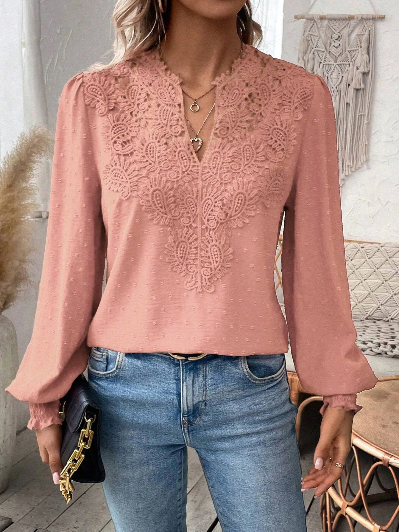 Women's V Neck Hollow Lace Patchwork Lantern Long Sleeve Blouse Loose Comfortable Versatile Trendy Casual Commute Daily Wear Top view 6