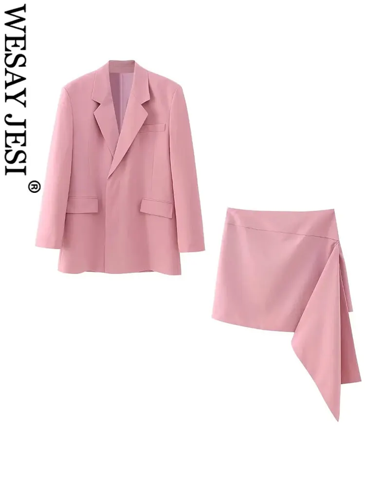 WESAY JESI TRAF Women's 2 Piece Suit Skirt Set Casual Long Sleeve  Lapel Open Front Button Work Blazer and Mini Skirt Sets