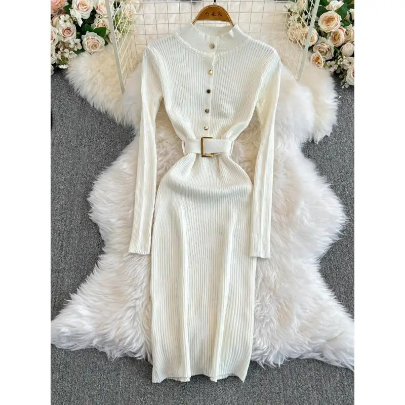 GetSpring Women Dress 2025 Spring Elegant Stand Collar Single Breasted Belt Slim Fit Full Sleeve Long Bottoming Knitted Dresses