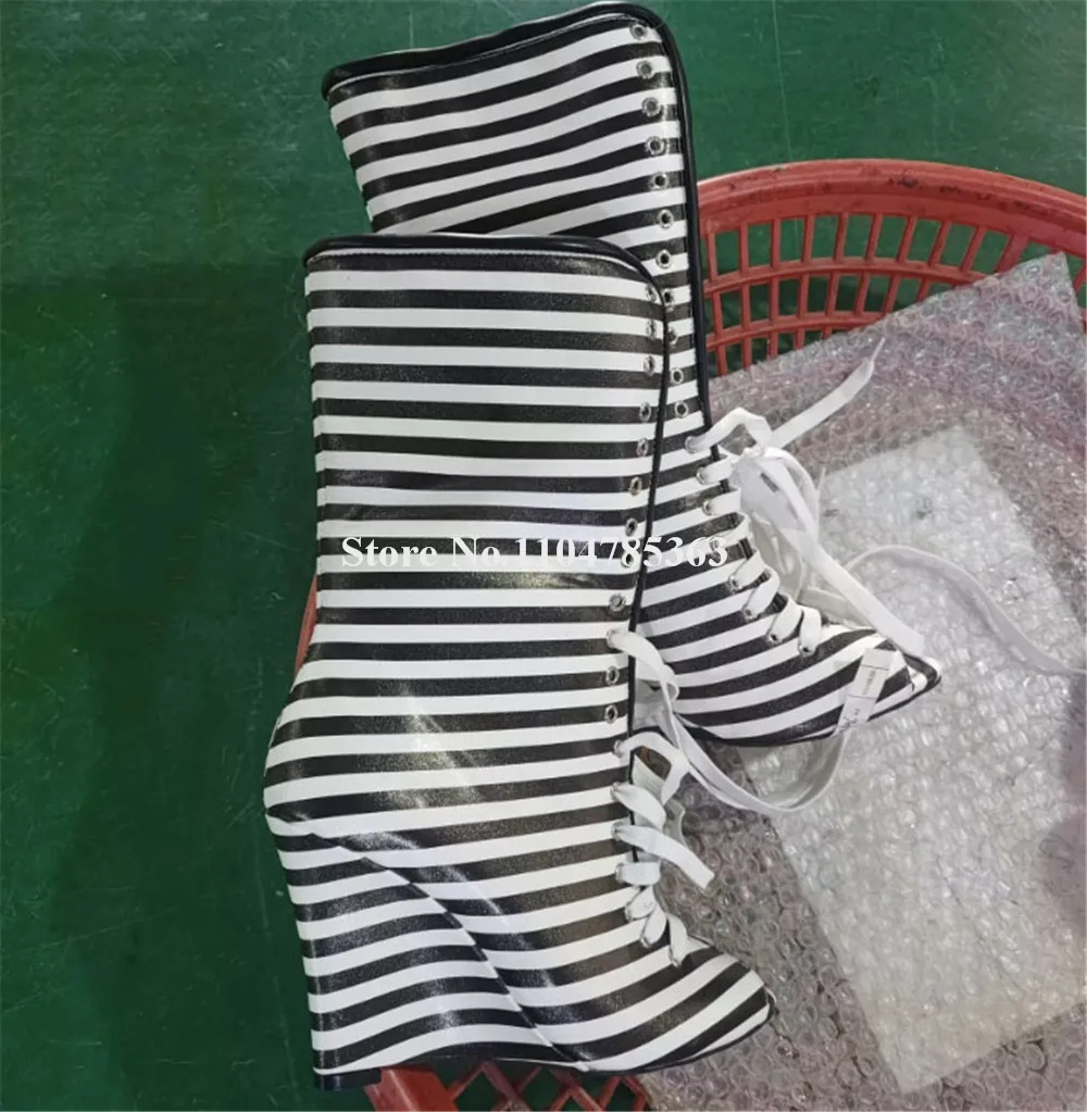 

Newest Black White Stripes Matte Leather Mid-calf Wedge Boots Sexy Pointed Toe Lace-up Short Boots Charming Wedges