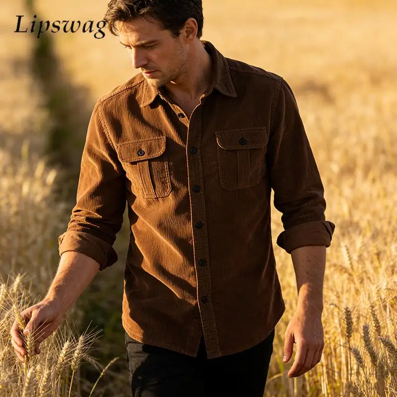 Vintage Solid Color Corduroy Shirt Jackets Men Fashion Button-up Long Color Outerwear Men Spring Casual Button-up Lapel Cardigan