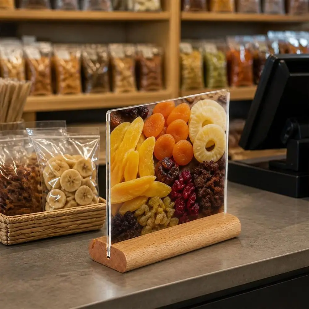 Transparent Acrylic Table Sign Card Holder Vertical Standing Desktop Standing Acrylic Sign Holder Solid Wood Base