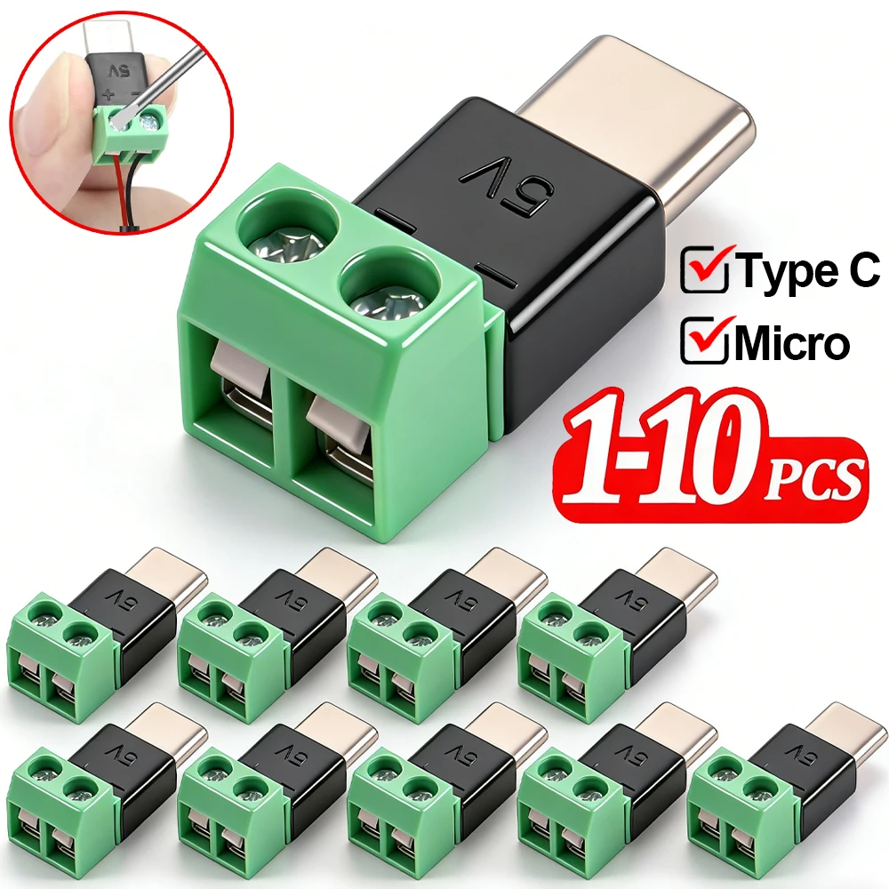 Type C 2Pin Solderless Adapter USB C/Micro Male To 2Pin Crimp Terminal Charging Connector 5V Quick Connection OTG Adapter