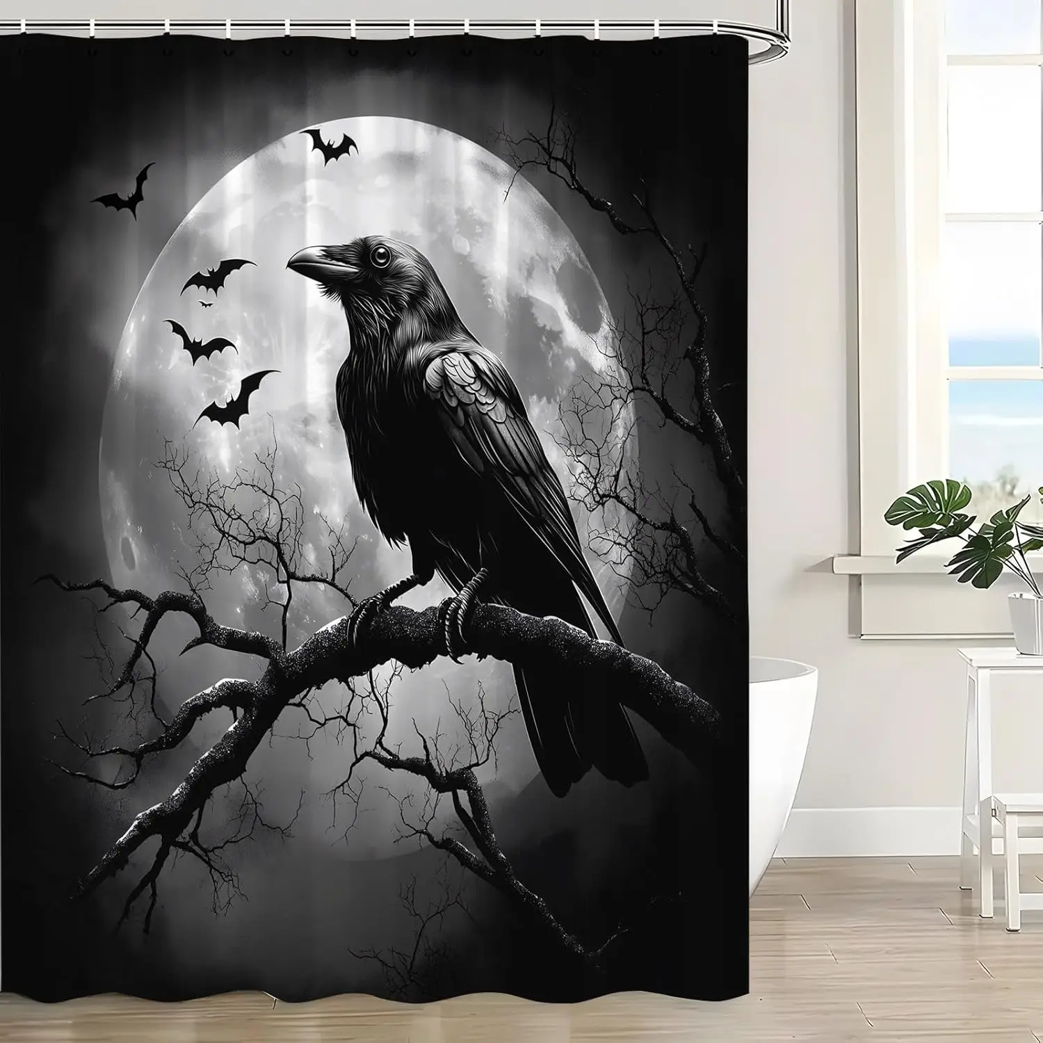 

Halloween Shower Curtain Black Crow Bats Creepy Full Moon Night Gothic Horror Scary Spooky Mysterious Raven Bath Curtain with