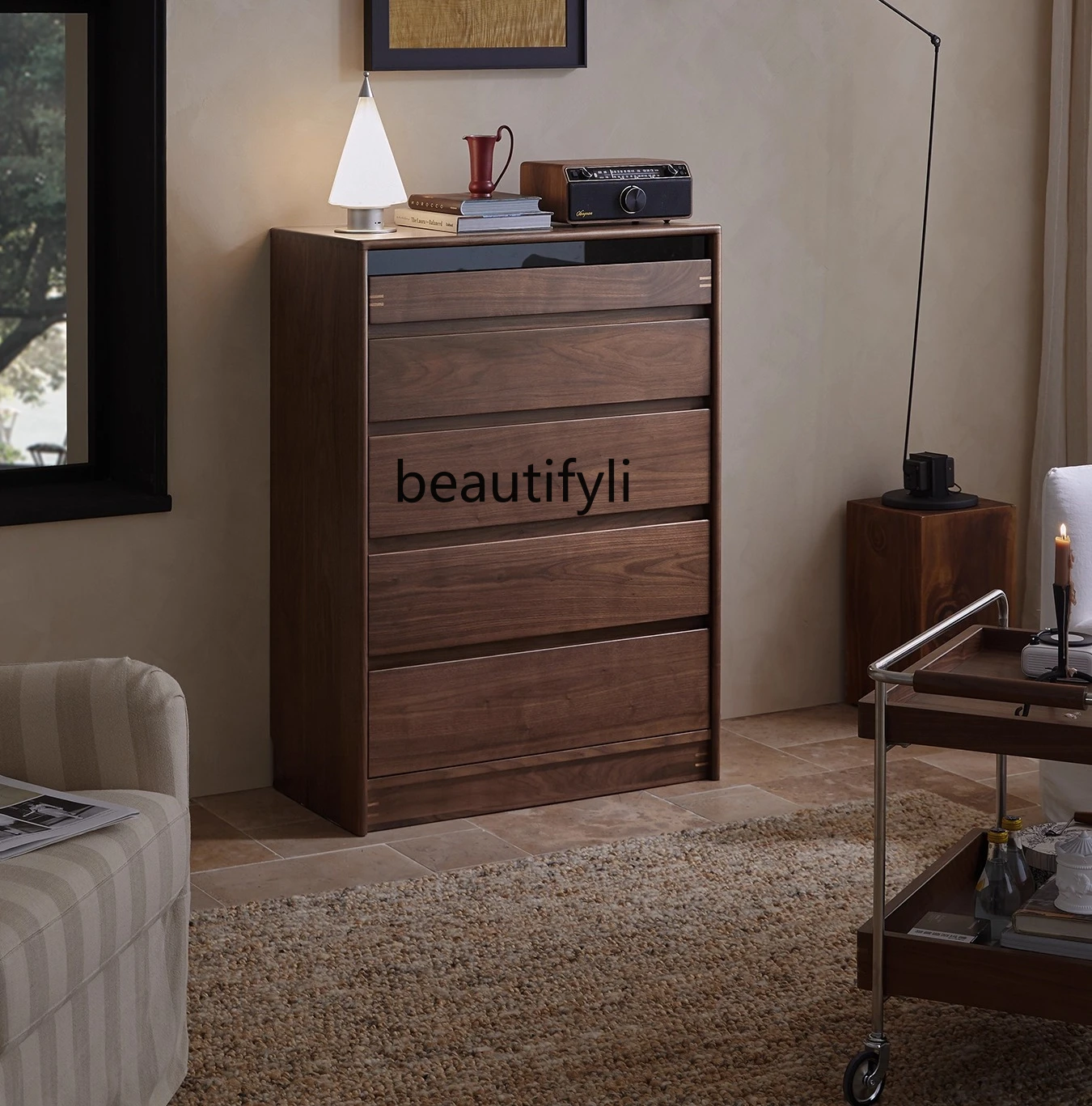 

All Solid Wood Five-Drawer Cabinet for Living Room and Bedroom, Wall-Mounted Sofa Side Cabinet, Storage Cabinet