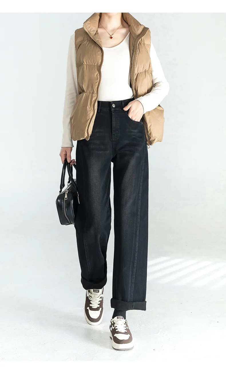 Mujer Otoño e Invierno nueva moda pantalones vaqueros de lana pantalones con cuchillo curvo, pantalones vaqueros de pierna ancha de pierna recta de viento Simple Casual coreano para mujer