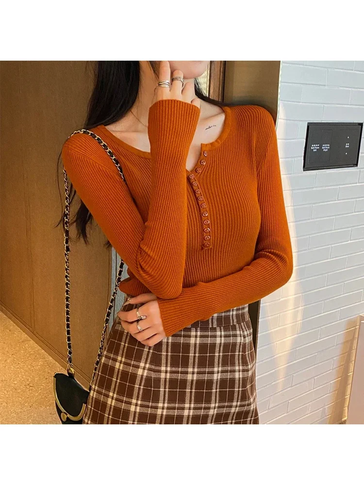 قميص محبوك نحيل مرن بأكمام طويلة بلوفر نسائي سترة علوية للربيع والخريف قمصان نسائية ضيقة متماسكة قاع تريكو