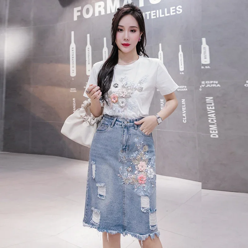 New Ladies Decal Hole Fur-lined Denim Skirt Women Many Sizes Casual High Waist Jeans Skirts Girls Korean Fashion Clothing 2