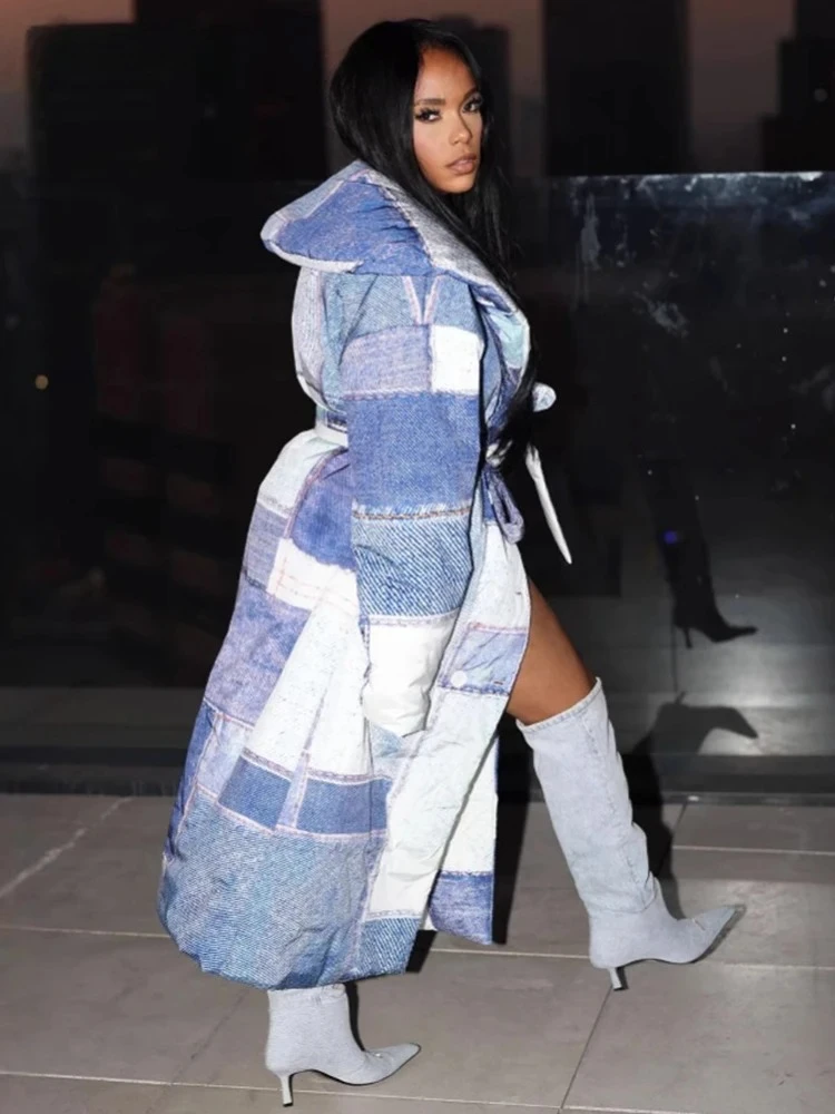 موضة الدنيم التصحيح المطبوعة كبيرة التلبيب الدانتيل متابعة سترة الشارع الشهير فضفاضة معطف سميك أنيق مبطن بالقطن X-معطف طويل المرأة