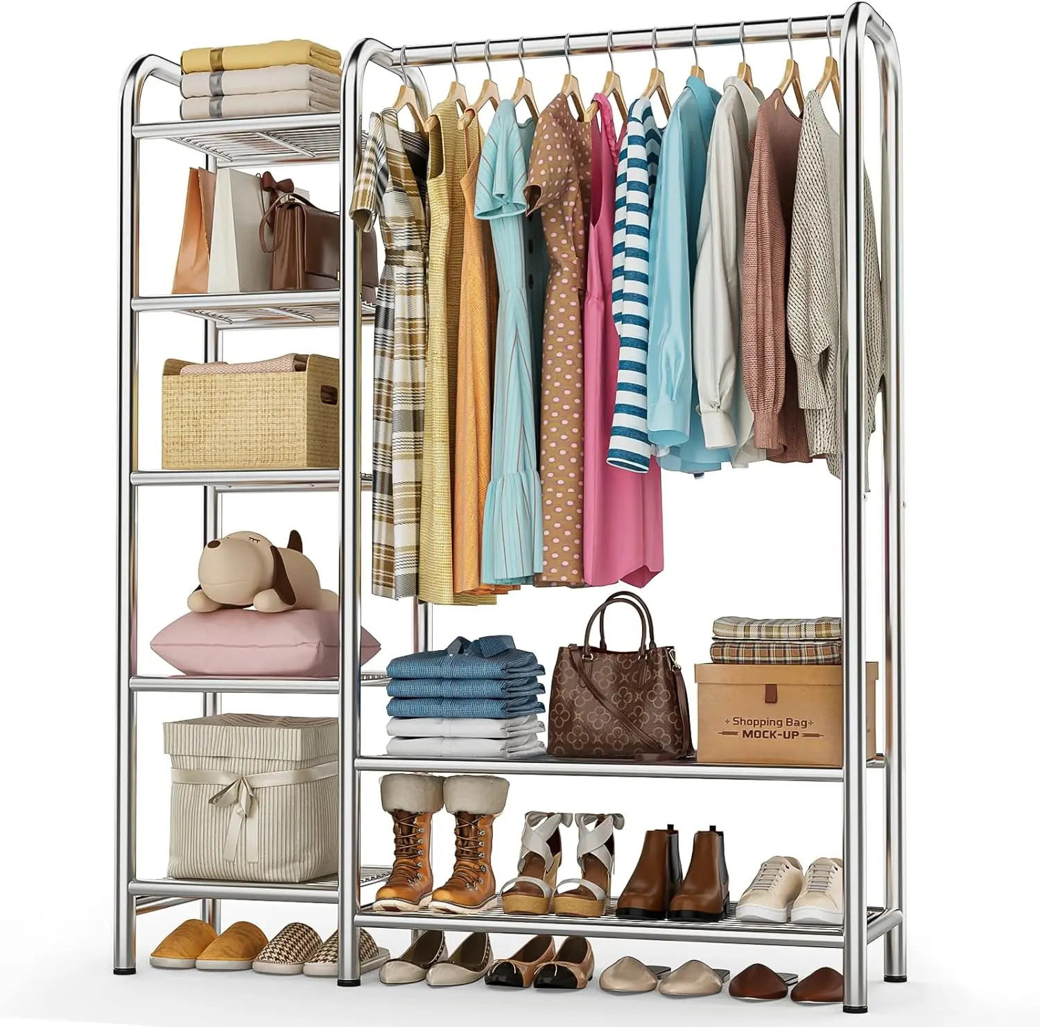 5-Tier Heavy Duty Clothes Rack, 670LBS Capacity, Portable Metal Organizer with Hanging Rods for Bedroom