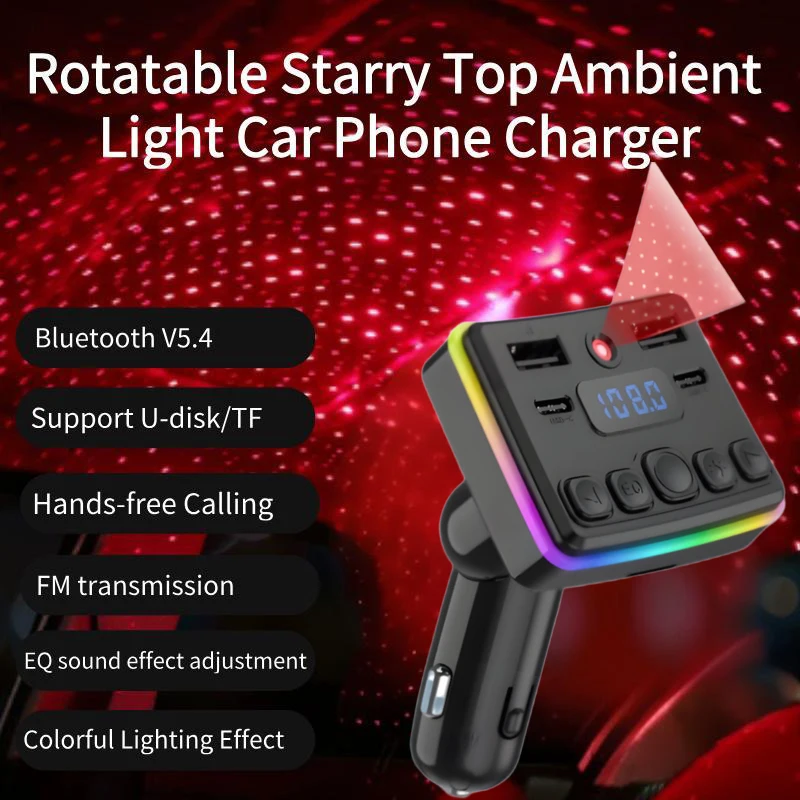 

Автомобильное зарядное устройство M57, FM-передатчик, Bluetooth 5,4, PD Type-C, двойной USB-плеер, зарядное устройство MP3 с громкой связью и окружающим освещением