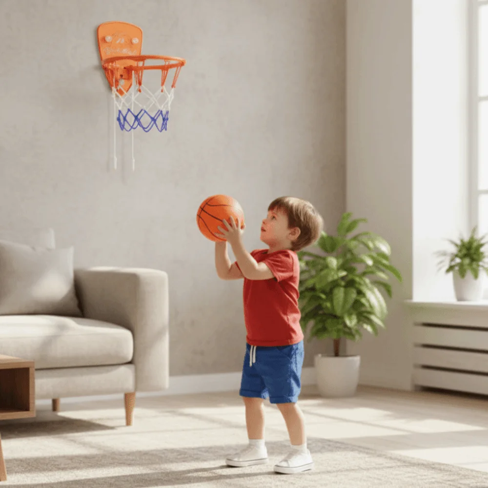 Set di giocattoli da basket pieghevoli per bambini Installazione senza trapano Palla gonfiabile per canestro da basket per bambini con animali dei cartoni animati