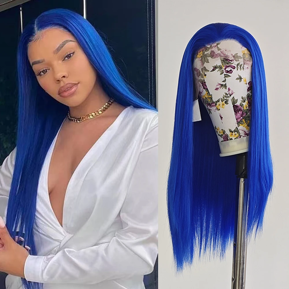 شعر مستعار اصطناعي مستقيم أزرق ساطع خط شعر طبيعي مقاوم للحرارة شعر أزرق باروكات أمامية من الدانتيل شعر مستعار للحفلات التنكرية باروكات زرقاء ملكية