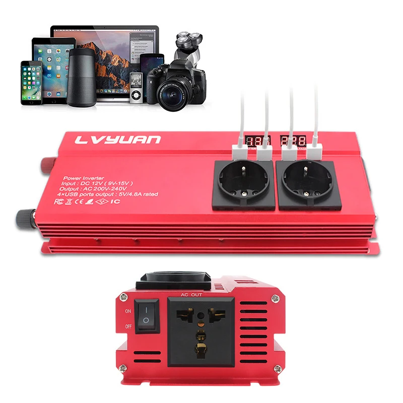 Inversor 12V to 220V 1600W Power Inverter EU Plug 3AC Outlets 4 USB Outing Car Inverter Converter Inversor Solar Auto Accessorie