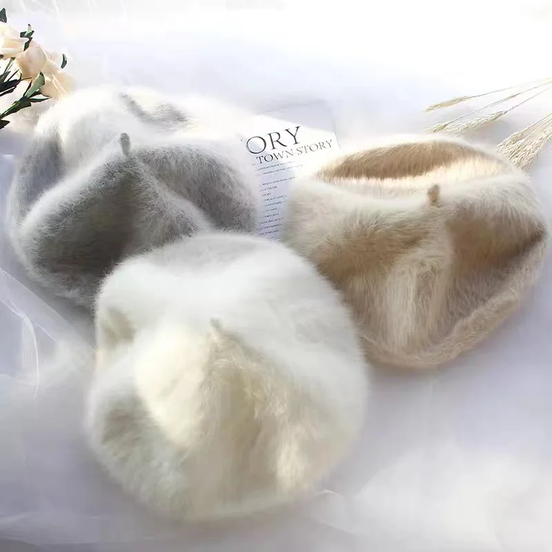 قبعة رسام نسائية للخريف والشتاء محبوكة على شكل أرنب من القطيفة بلون سادة كوري ياباني بريطاني عتيق على الطراز العصري