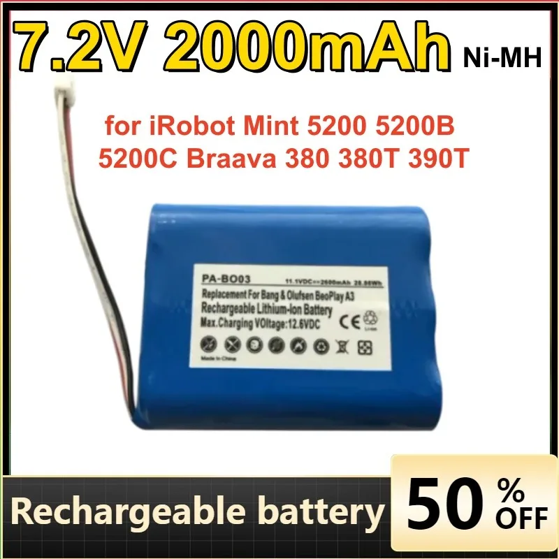 7.2V 2000mAh Battery for IRobot Mint 5200 5200B 5200C Braava 380 380T 390T Vacuum Cleaner Parts 7.2V NI-MH Battery