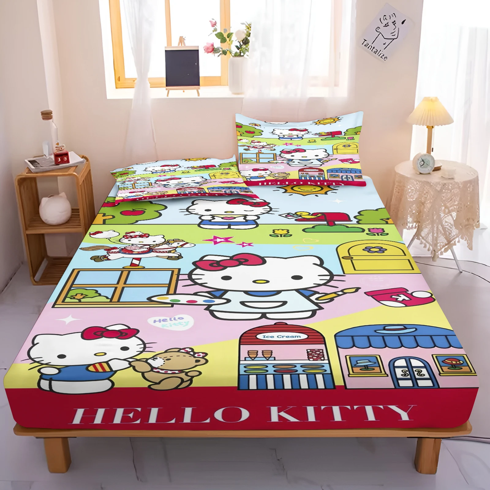 

Простыня Caetoon Hello Kitty для детей, простыни из полиэстера, эластичный чехол, постельное белье с цифровой печатью