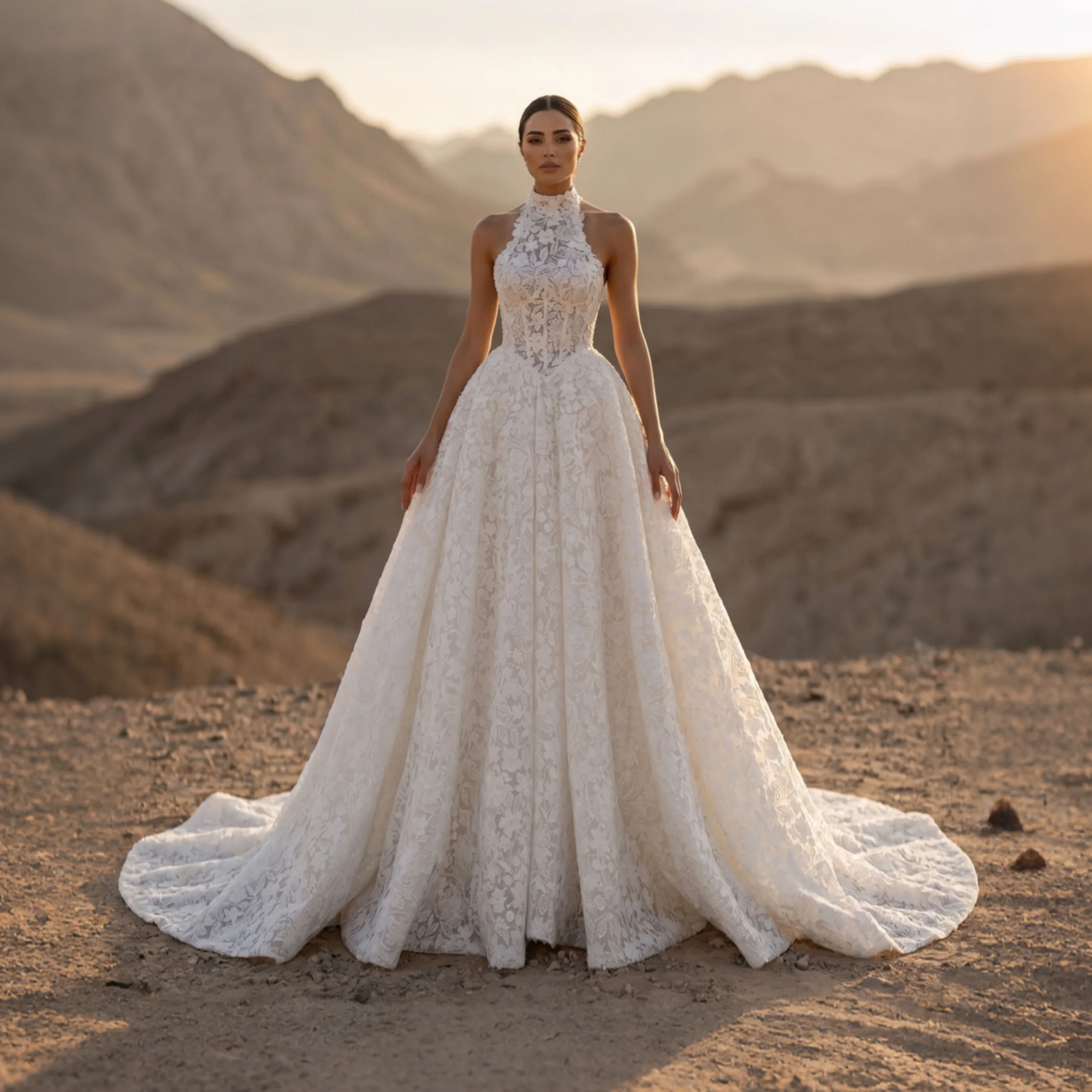 Luxury High Neck Lace A-Line Wedding Dress Appliques Corset Bodice Elegant Vestido De Novia