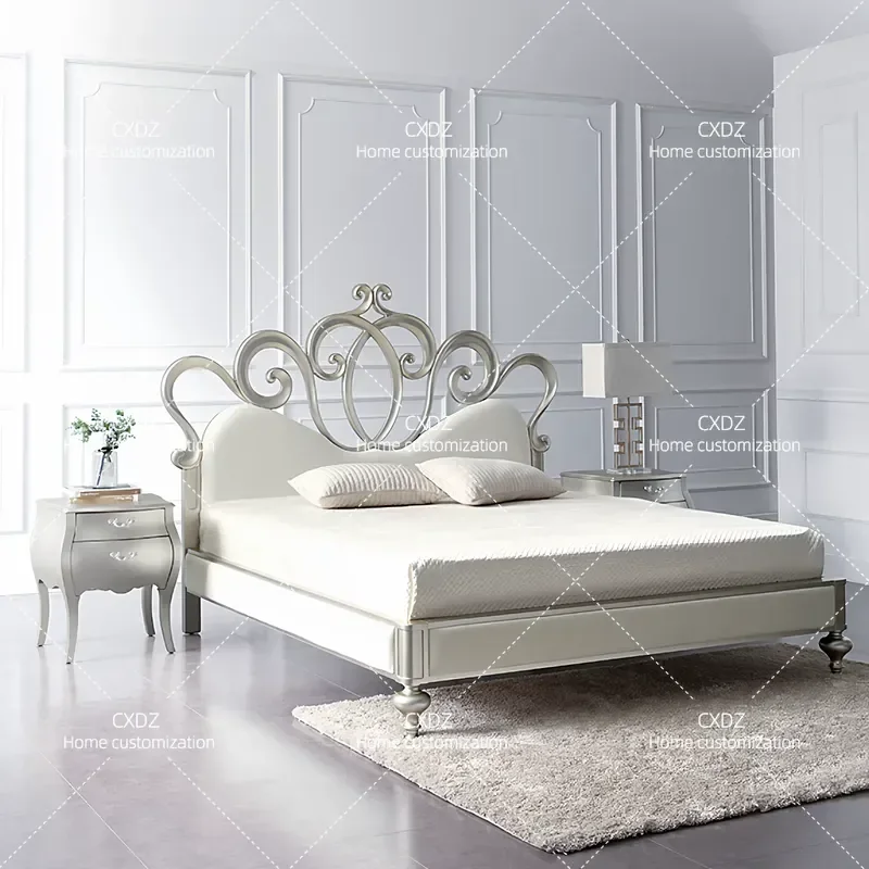 Cream Style Simple Princess Bed 1.8m 1.5m Flannel Solid Wood Light Luxury Crown Girl Bed with Ribbon Decor