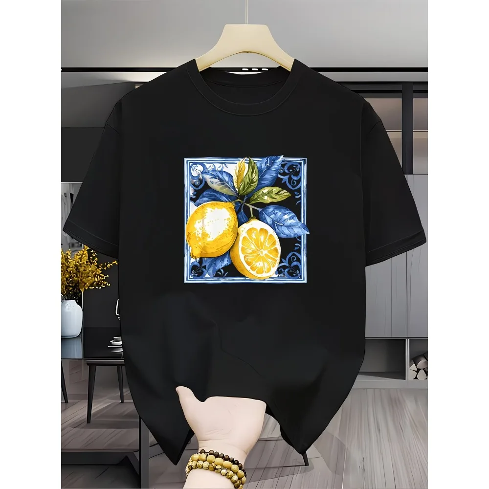 Vintage Lemon Blue Tile Graphic T Shirt Mediterranean Mosaic Art Tops Women Trendy Aesthetic Casual Short Sleeve Tee Fashion