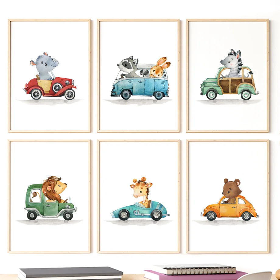 AZNM Frameless Canvas Poster Watercolor Cute Animal Driving Car Print, Lion Zebra Raccoon Rabbit Transport Wall Art Picture for