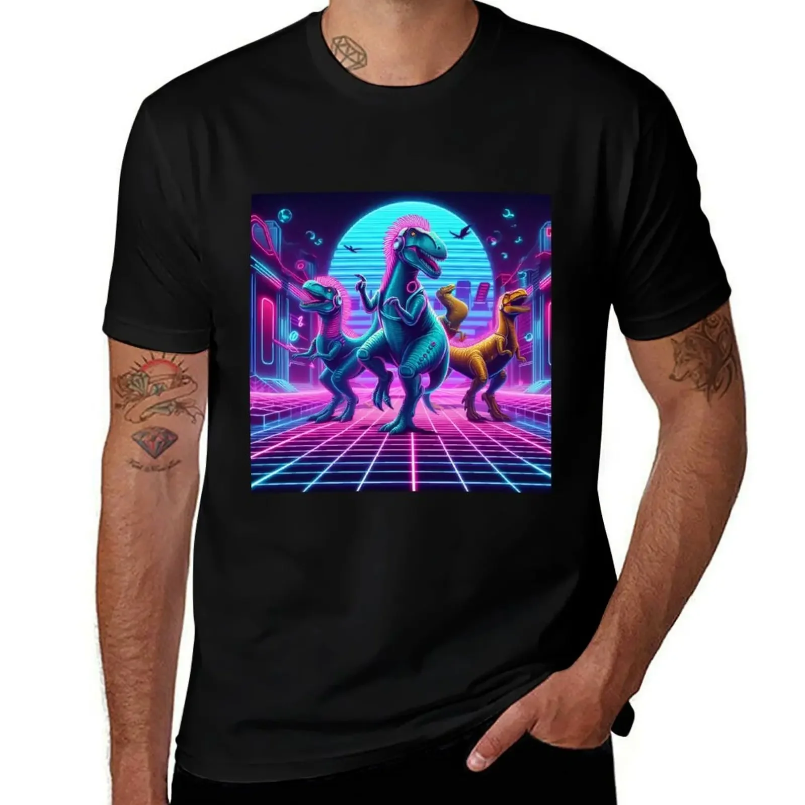 

**Retro Rave Dinosaurs - A Neon Blast from the Prehistoric Past!** T-Shirt man clothes sweat shirts graphic tee men