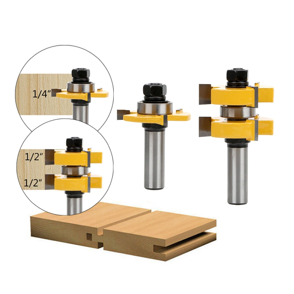 DIYWORK 2 Bit Wood Milling Cutter File 12.5mm Shank Tongue and Groove Router Bit Set 3-tooth T-type