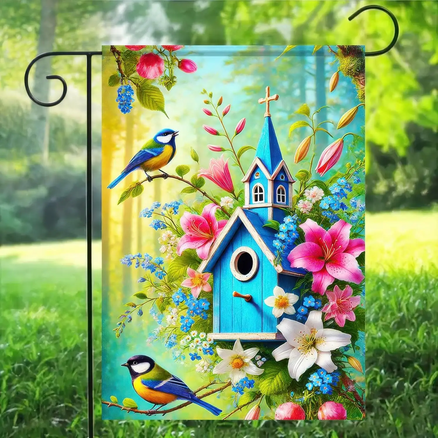 Spring Summer Garden Flag 12 x 18 Inch Double Sided Spring Bird Garden Flag Floral hummingbird Birdhouse Farmhouse Small Yar SSL