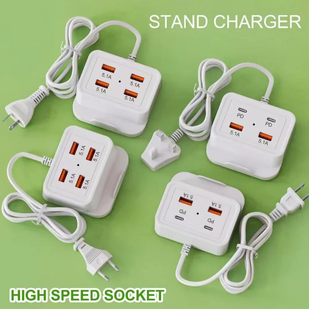 5.1A قطاع الطاقة USB C مقبس شاحن 4 ميناء شاحن سريع مع حامل هاتف آيفون 16 13 14 15 سامسونج شاومي هواوي #3