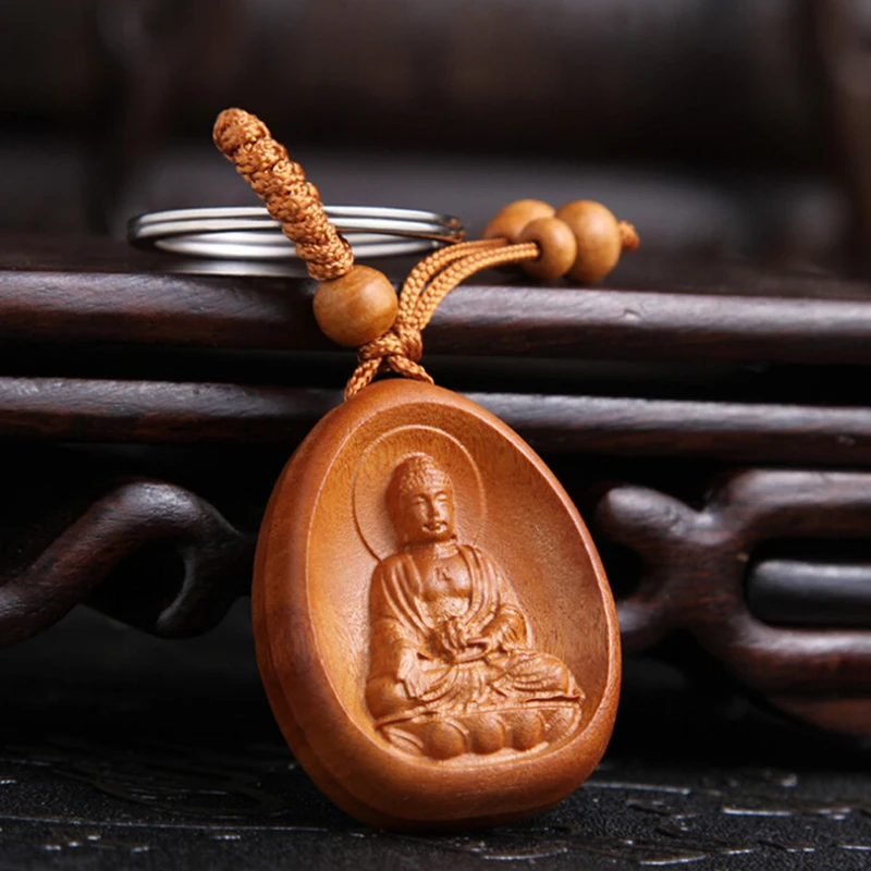 1PC Wood Carving Buddha Pendant Keychain Lucky Jewelry Buckle Unisex Chinese Buddha Keyring For Car Bag Key Holder