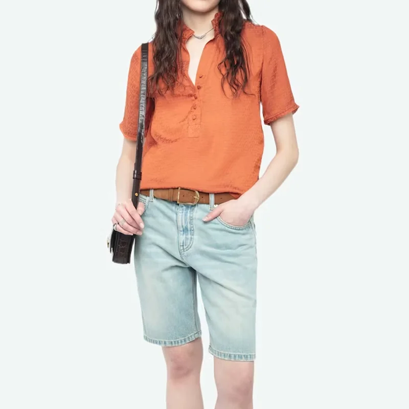 

Orange Blouse Women Ruffle Collar Summer Tops Casual Short Sleeve Shirt Zadig Women Blouses Letter Buttons V-Neck Shirts