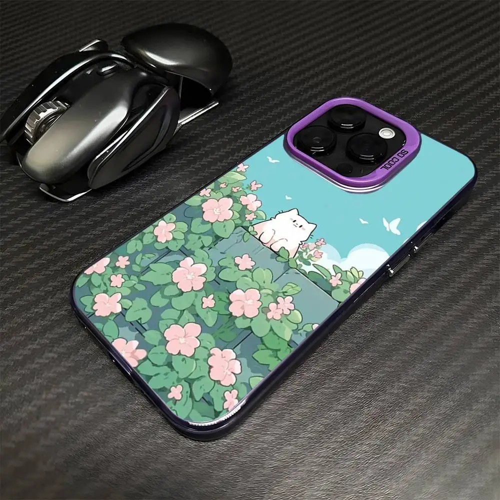 Cartoon weiße Katze im Rasen Handyhülle für iPhone 16,15,14,13,12,11, Mini, Pro, MAX Lila Matte stoßfeste Abdeckung
