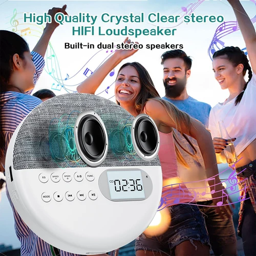 Imagen 2 del producto Reproductor de CD portátil multifunción, altavoz bidireccional Bluetooth 5,0, reproductor MP3 con protección antisaliva, Walkman de música de CD estéreo Dual